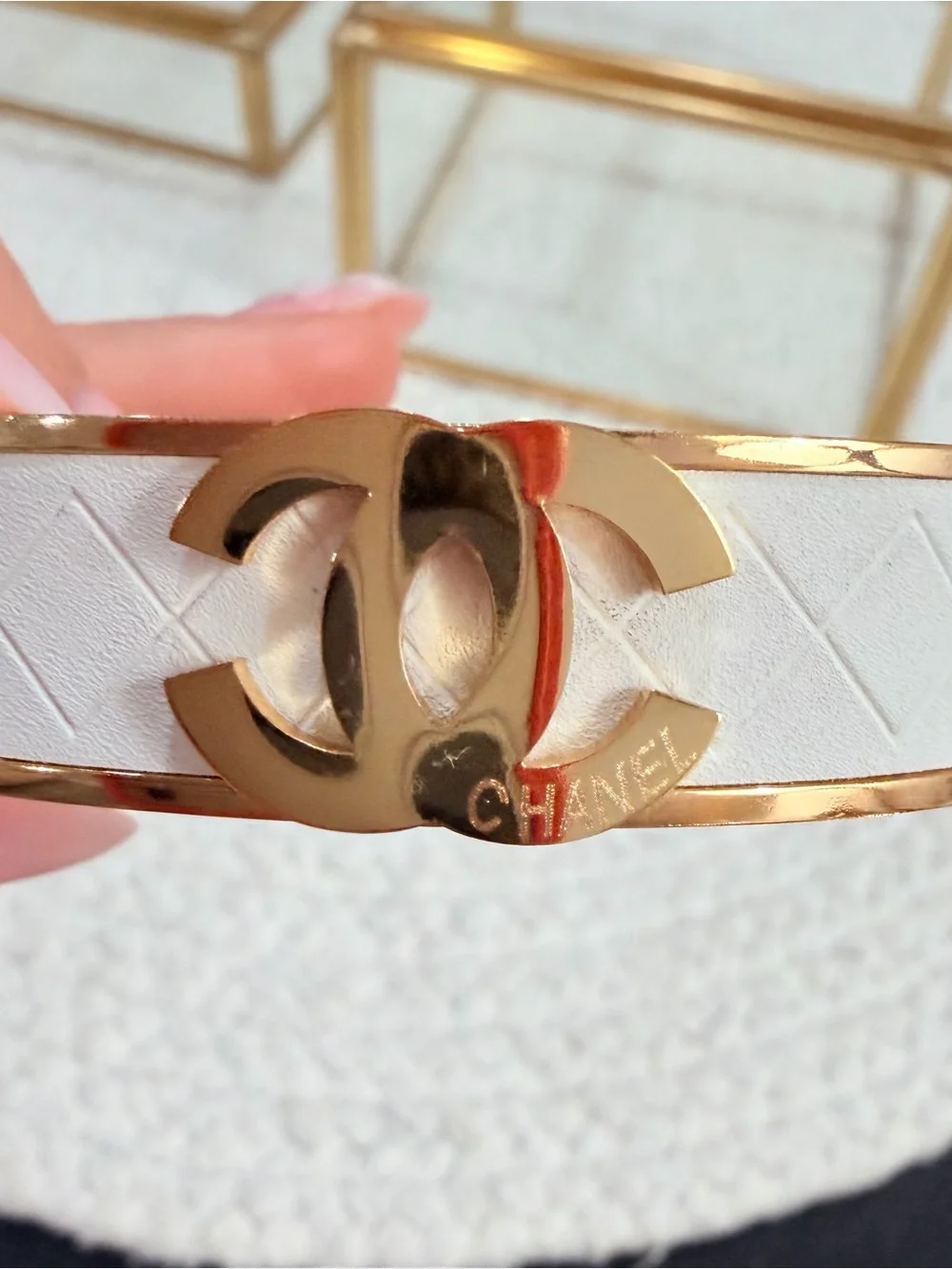 White & Gold Quilted Logo Statement Bangle Bracelet | Fashion | Size 6.5 -7